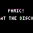 Animated pixel art displays 'PANIC!' and 'AT THE DISCO' text with color-shifting effects across multiple on a black background
