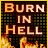 A contact sheet of 8 animated frames showing a pixelated 'BURN IN HELL' text over flames on a grid background, with varying flame intensity and color shifts across frames.
