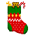 Pixelated Christmas stocking with green top, red body, and white patterns; contains a brown teddy bear, yellow star, and candy cane on gray background next to green text reading "Original Icons .com".