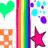 Pixelated green heart, rainbow stripes, blue/purple dots, orange checkered pattern, and pink star icons displayed in a with alternating white and black backgrounds