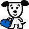 Pixelated cartoon dog with black ears and nose holding blue heart, shown in two sequential frames of animation on gray background.