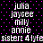 Static digital image with repeated text elements on a black background dotted with purple pixels, featuring names and phrases in white pixelated font.