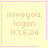 Four identical square with light yellow backgrounds and pink borders display orange text reading iloveyou. logan 11.1.6.06, with the top-right featuring a small pink heart and the bottom-right featuring a small pink star