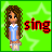A 3x3 contact sheet of an animated AIM buddy icon featuring a pixel-art girl with long brown hair in a blue shirt and white shorts against a green starry background, showing eight frames where the word "sing" changes color across frames plus one frame with text "annoyed yet?".