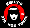 Red circular icon with white text "EMILY'S STRANGE POSSE" around the border, featuring a stylized face with black hair and white features on a black background.
