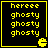 Yellow pixelated text and icon on black background, four identical with 'herect' and 'ghosty' repeated vertically, yellow border, small yellow icon in bottom-right corner of each