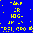 Blue background with yellow pixelated text repeating 'DAKE JR HIGH IM IN' and 'OPAL GROUP' in a pattern, surrounded by scattered yellow dots