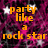 Pixelated graphic with orange text reading 'party like a rock star' over a magenta and black background featuring white stars.