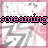 Animated icon with pink background and repeated gray swastika-like symbols, displaying scrolling text in black and pink pixelated font.