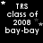 Static image of 'TRS class of 2008 bay-bay' text with varying star positions on black background.