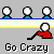 Animated pixel art sequence showing multiple 'Go Crazy' text labels with red and blue figures in various poses against gray background.