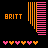 Pixelated icon with 'BRITT' text, alternating pink and orange striped vertical bars on black background, heart below