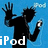 Four pixelated show a black silhouette of a person with an iPod against blue, yellow, orange, and gray backgrounds