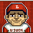 Pixel art of a person wearing red cap with white 'L' and red-and-white jersey reading 'U SUCK', set against red grid background.