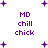 Purple pixelated text 'MD chill chick' arranged in three lines with scattered purple plus signs on a white background.
