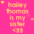 Yellow text on pink background reads 'hailey thomas is my sister <33' with small yellow stars scattered around, some of which move position across frames.