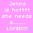 Pixelated text on pink background with blue heart symbol, repeated twice in a