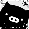 Black and white pixelated cartoon character with large oval eyes, small circular nose, and dot-shaped cheeks; background features abstract shapes and scattered dots.