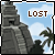 nine identical pixelated images showing a stone pyramid with palm trees under a blue sky, each labeled 'LOST' in brown text