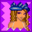 Pixel art contact sheet of a female character's outfit components in three frames: head, torso with accessories, and footwear against purple background.