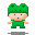 A 4-frame pixel art animation of a green frog-like character in various poses with open and closed mouths, displayed on a gray background.