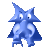 Blue pixelated abstract figure with two large white eyes, a pointed top, and wing-like extensions on sides, standing against gray background.