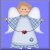 Static image of a small angel icon with white wings, light blue dress, and brown hair on purple background