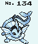 Pixelated blue aquatic creature with white fins and tail, standing on two legs against light background; text "No. 134" appears above and below the figure.