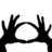 Black-and-white silhouette of a figure with raised hands forming an oval shape above the head, holding a microphone-like object against a white background.