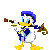 Pixel art contact sheet of Donald Duck in blue and white attire holding a brown staff-like object, arranged in 3x2 grid with subtle animation frame differences across six sampled frames.