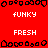Red background with white text 'funky' and 'FRESH', black pixelated shapes, gray rectangle on right side.