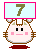 Pixelated cat-like character with pink cheeks and black eyes holds a light blue sign displaying the number 7, standing on a red base against gray background.