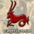 Static 50x50 pixel icon of a red Capricorn zodiac symbol on a beige background with visible dithering and low-resolution rendering artifacts.