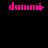 Four pink 'dummi' text icons on black background with pixelated animation effects.