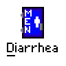 Animated contact sheet of a pixel art buddy icon showing sequential frames of a character interacting with a blue 'MEN' sign, transitioning from standing to falling through the sign's opening.