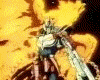 Animated sequence of a character in golden armor with winged helmet performing fiery attacks against a dark background.