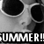 Black-and-white pixelated skull icon with large eye sockets and a prominent jawline, featuring bold white text reading 'SUMMER!!!' on a black background strip at the bottom.