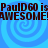 Blue background with four spiral patterns and repeated dark brown text reading "PaulID60 is AWESOME!" in pixelated font.