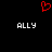 Red pixelated heart symbol above two white 'ALLY' text blocks on black background.