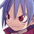 Pixelated anime-style character face with purple hair, red eyes, and a neutral expression on a white background.