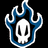 Pixelated icon features white skull with black eye sockets and nose cavity surrounded by blue flame-like shapes on black background.