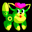 Animated green and yellow cartoon creature with pink flower on head, performing sequential movements against black background.