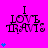 A bright pink background displays a of six identical 'I LOVE TRAVIS' text icons with blue heart symbols, one icon partially obscured by a gray rectangle
