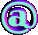 Animated @ symbol icon in cyan and purple hues across five frames showing rotation and perspective changes on a gray background.