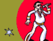 Pixelated figure in white jumpsuit with gold accents sings into microphone against red circular background, flanked by two gray starburst shapes on olive green field.