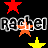 Pixelated text 'rachel' repeats across two on black background, surrounded by colorful stars in red, purple, blue, orange, yellow, green