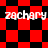 Red and black checkered pattern with white text 'zachary' repeated across four quadrants, transitioning from square to diamond shapes in the lower half.