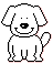 Two pixelated white dog icons side-by-side on gray background, each with black outlines and pink anti-aliasing edges, showing slight pose differences between frames.