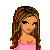 Pixelated cartoon-style icon of a woman with long brown hair, pink top, and white pants, accompanied by three heart-shaped text elements.