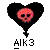 Black heart-shaped outline contains pixelated skull with pink and red hues, below which is 'ALK3' text on gray background.